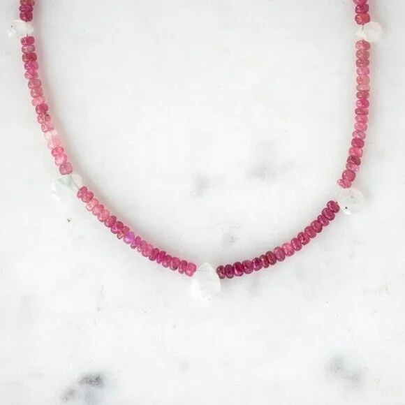 Pink Tourmaline & Moonstone Beaded Necklace Unique Handmade Necklace GORGEOUS